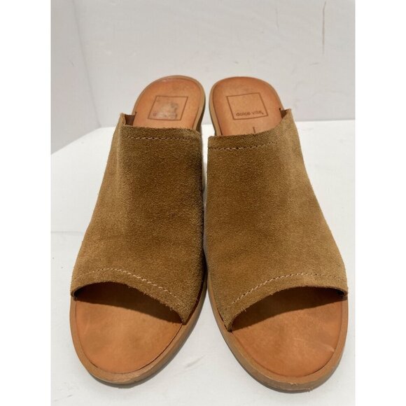 Dolce Vita Sandals Alycia Brown Suede Mules Open Toe Braided Chunky Heel Womens - Picture 2 of 7